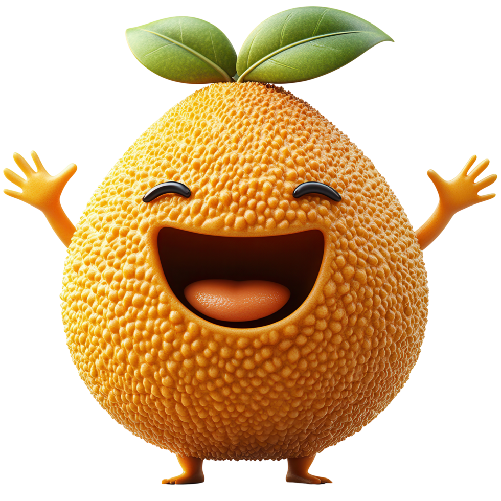 Cheerful orange fruit character with a smile and raised hands expressing happiness in a playful design isolated on transparent background png