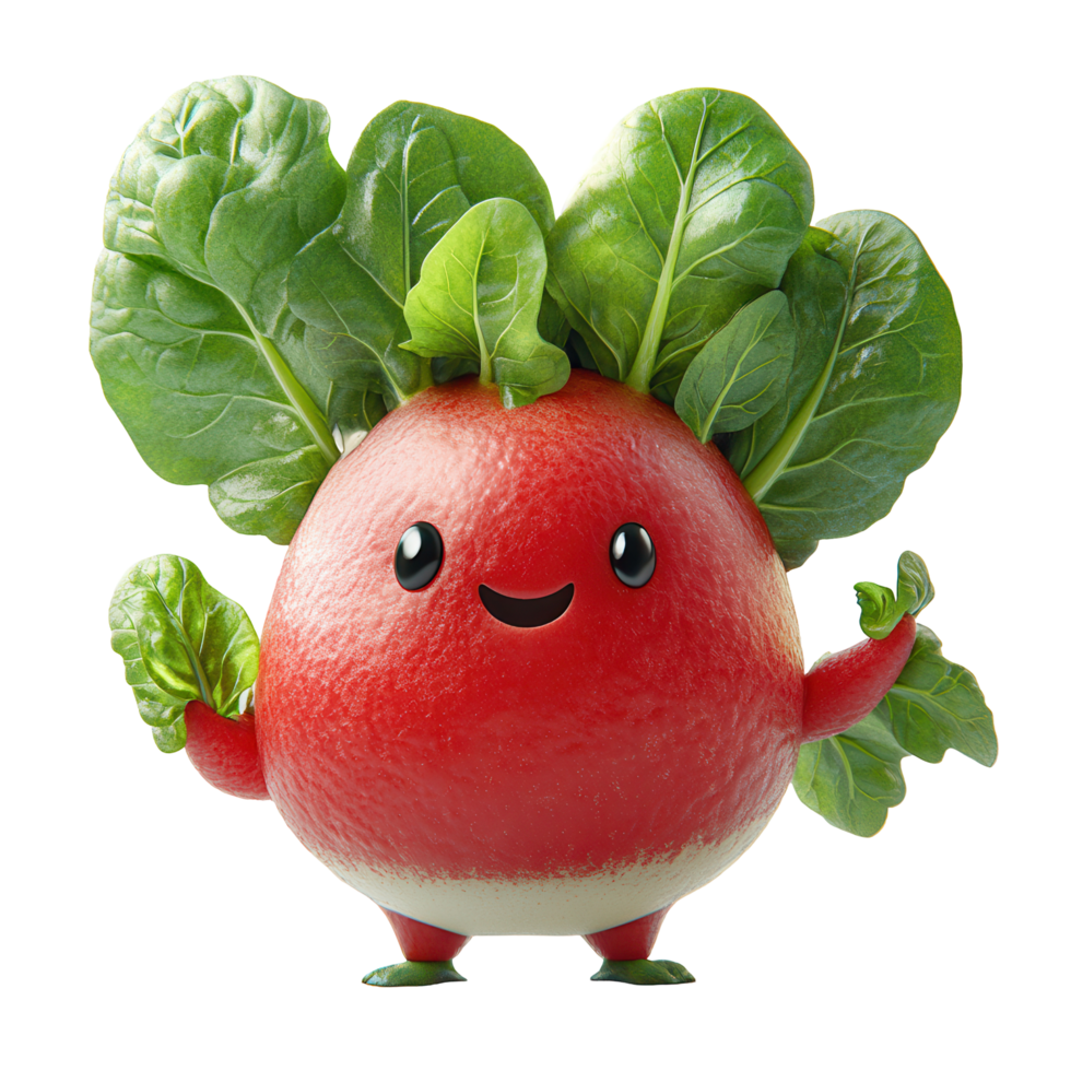 Cute cartoon character resembling a radish with leafy greens, showcasing a cheerful expression and a playful stance in a whimsical design isolated on transparent background png