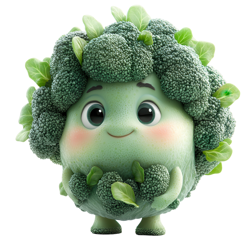 Cute animated broccoli character with a cheerful expression showcases the fun side of healthy eating isolated on transparent background png