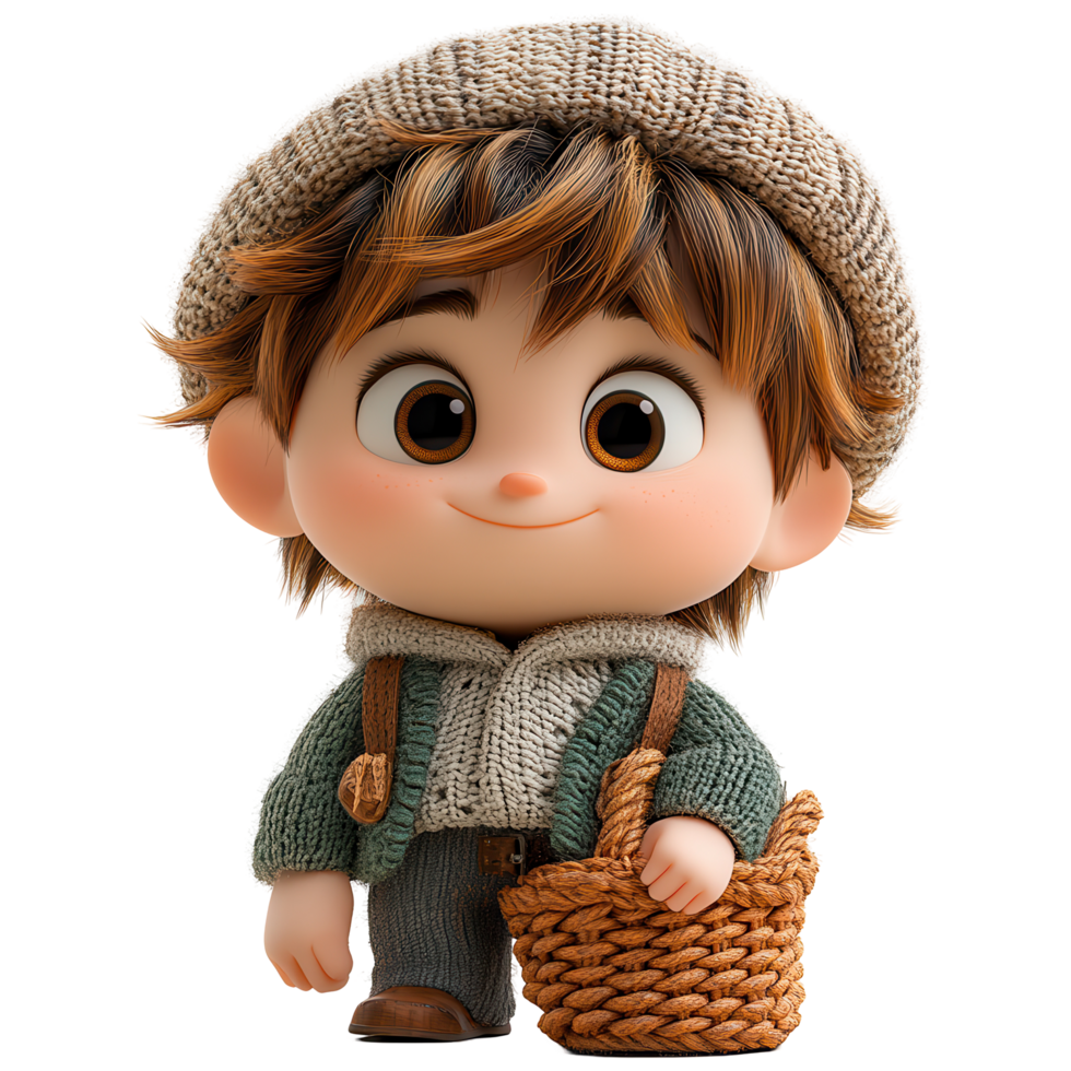 Cute cartoon boy with a knitted cap and a basket smiling in a playful pose during a cheerful day outdoors isolated on transparent background png