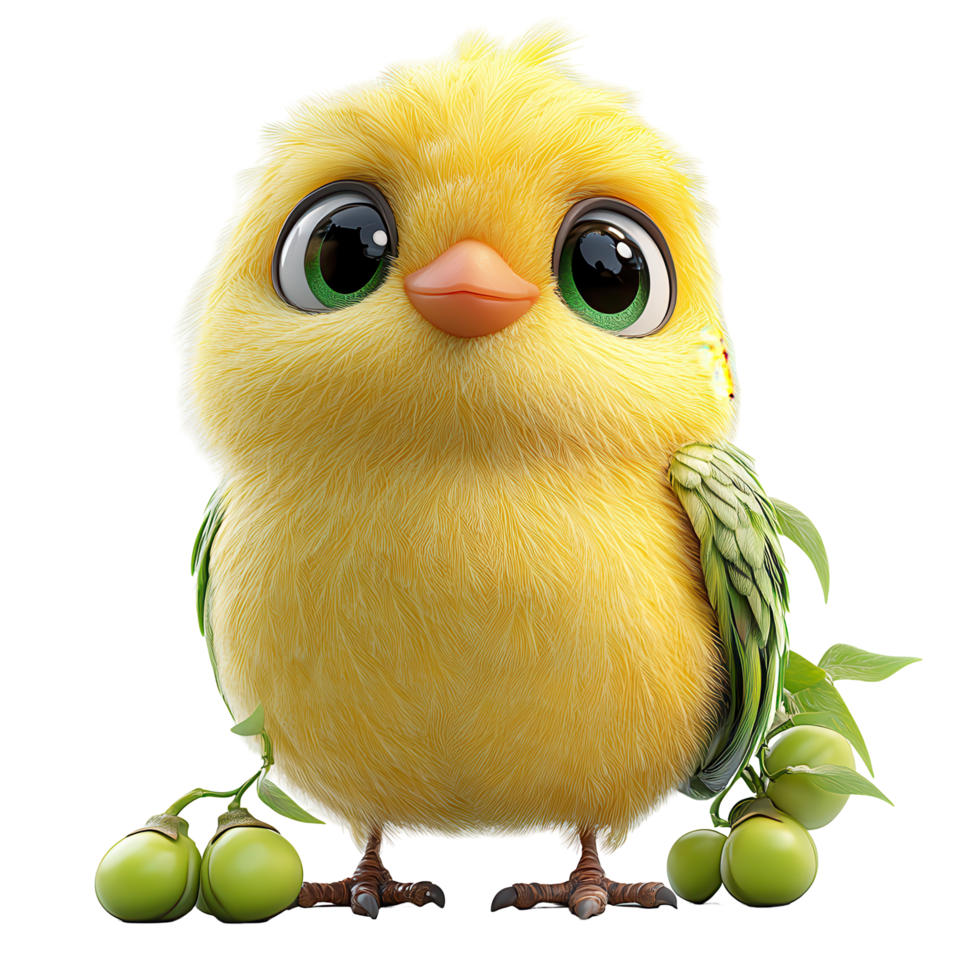 Cute yellow bird with large eyes and green wings stands among small green fruit in a bright setting isolated on transparent background png