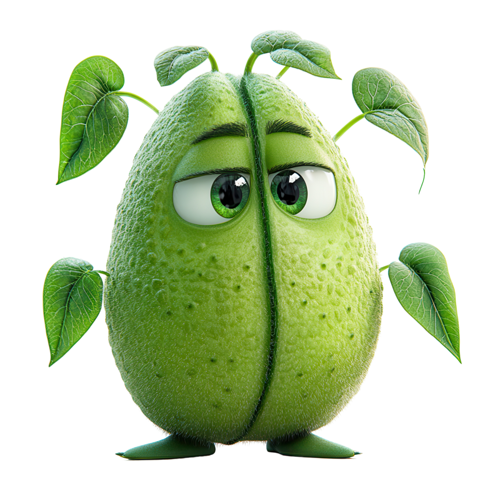 Green cartoon character with oversized eyes and leaf-like details stands playfully in a whimsical pose isolated on transparent background png