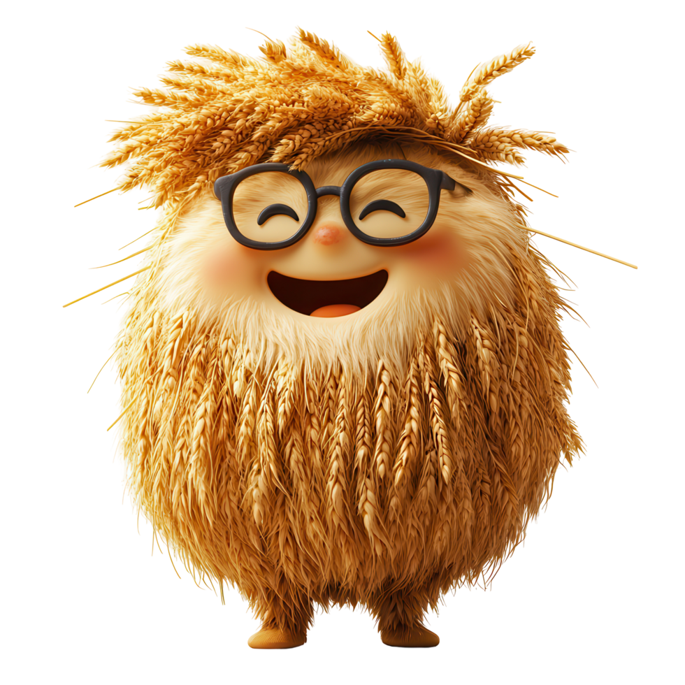 Friendly animated character with fluffy wheat-like hair wearing glasses and smiling joyfully in a playful setting isolated on transparent background png