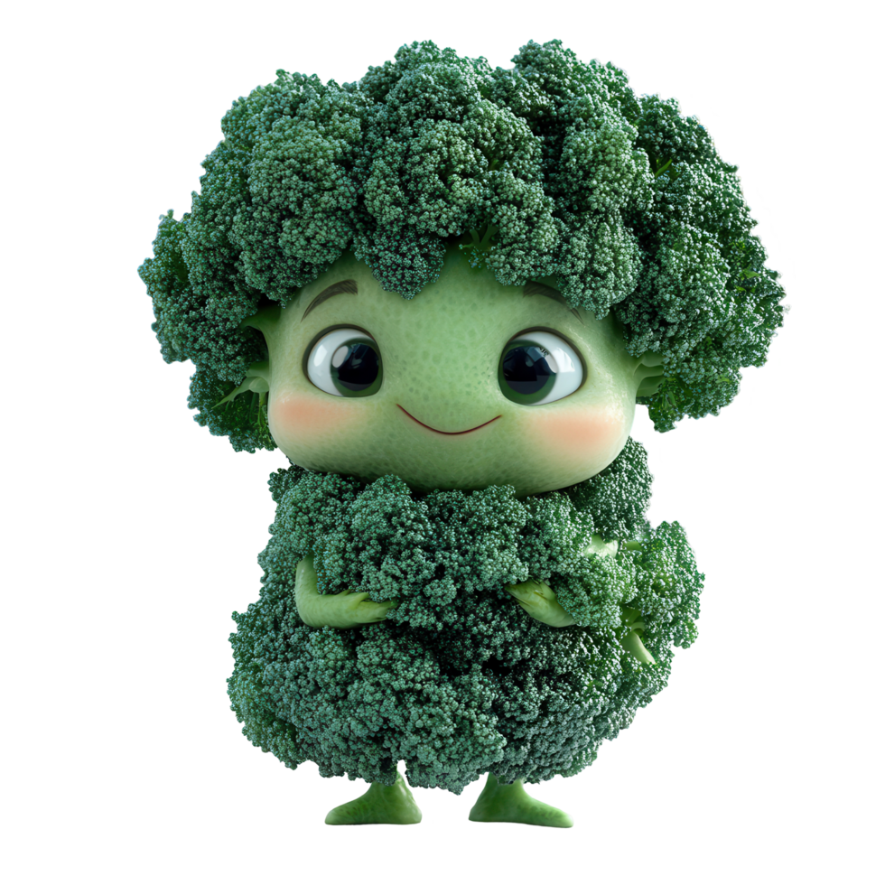 Cute animated character resembling broccoli with a cheerful expression stands confidently against a plain background isolated on transparent background png