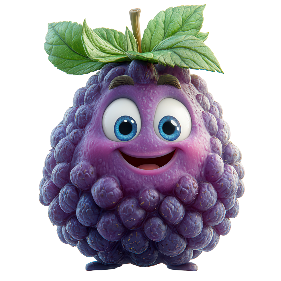 Happy animated berry character with big eyes and green leaf on top smiling cheerfully isolated on transparent background png