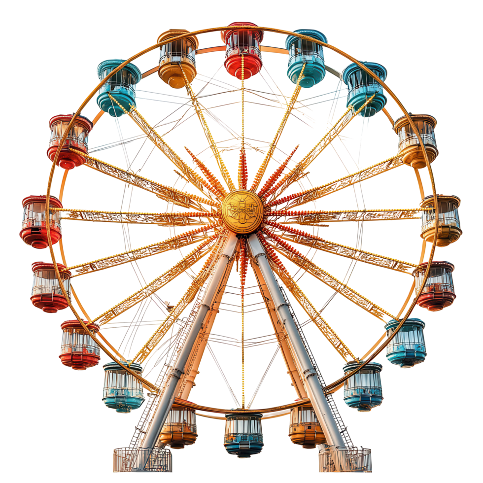 Ferris wheel illuminated against a clear sky at a local fairground during sunset isolated on transparent background png