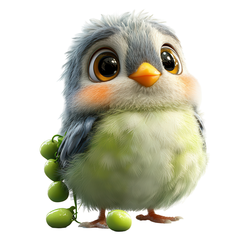 Cute animated bird holding green grapes in a vibrant and playful design isolated on transparent background png