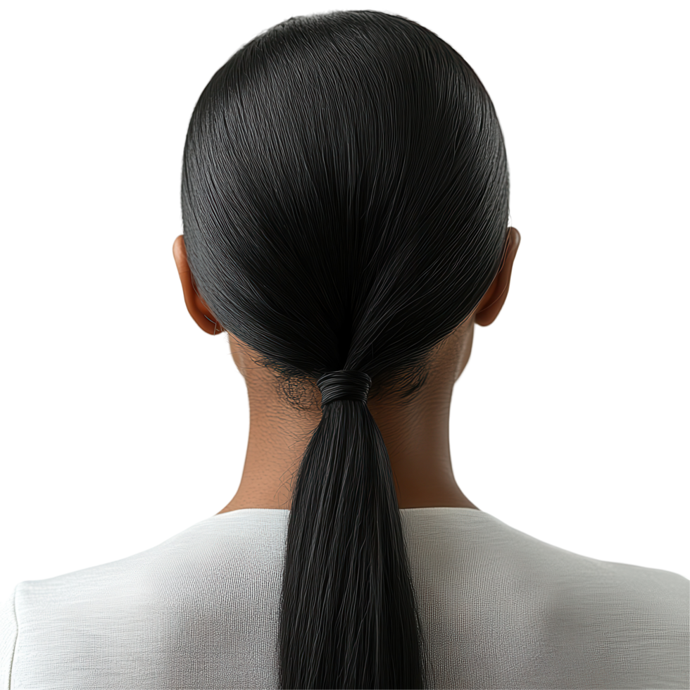 Long, straight black hair tied in a ponytail against a plain background showcasing a stylish and elegant appearance isolated on transparent background png