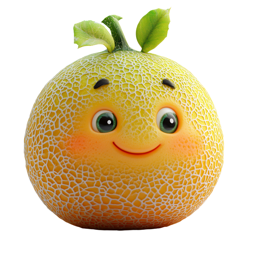 Cute smiling cartoon melon character with green leaves and bright eyes on a neutral background isolated on transparent background png