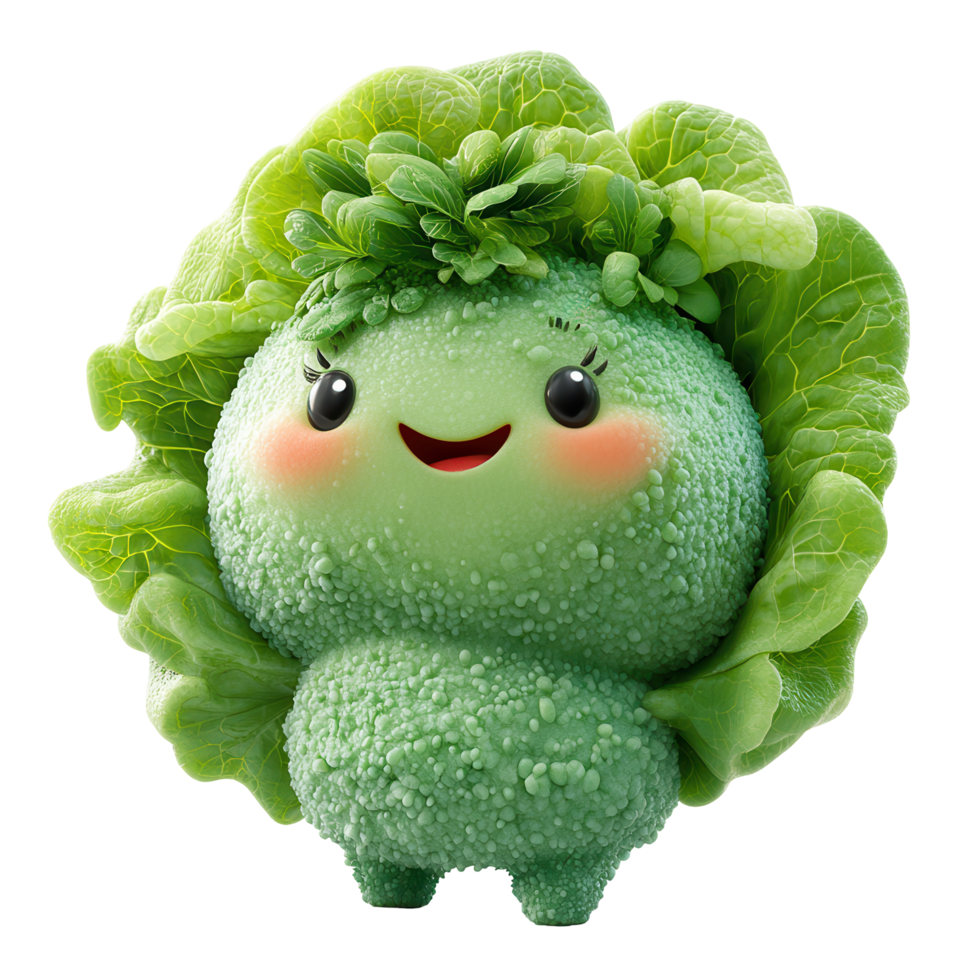 Cheerful broccoli character with leafy lettuce hairstyle in a vibrant animated style isolated on transparent background png
