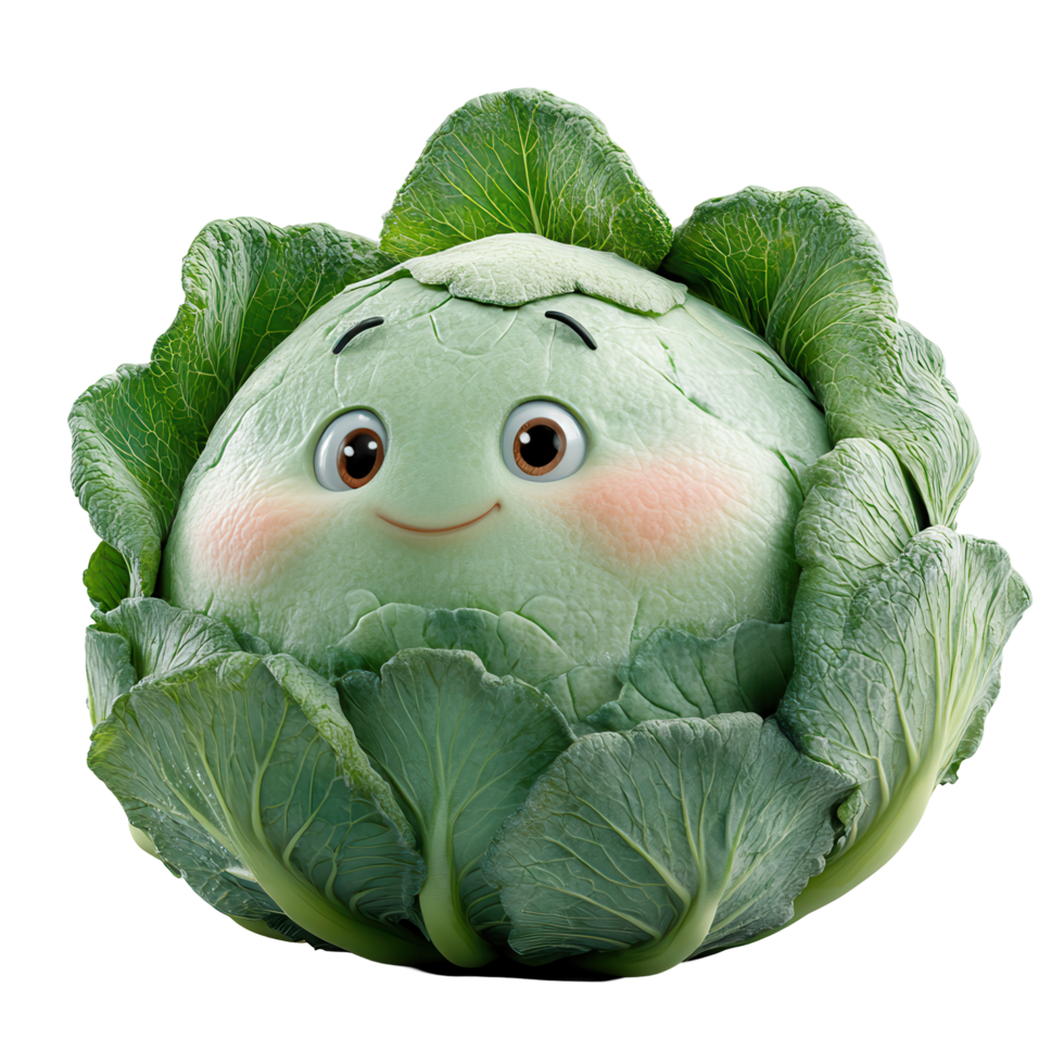 Happy cartoon cabbage character with a smiling face and leafy green exterior in a playful pose isolated on transparent background png