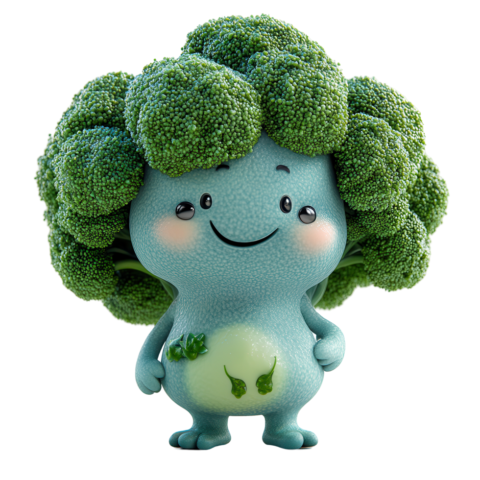 Friendly cartoon character shaped like broccoli with a cheerful expression in a colorful environment isolated on transparent background png