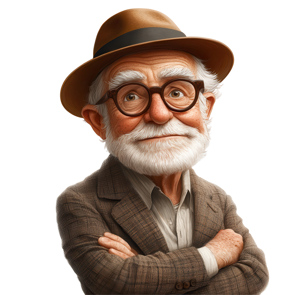 Charming elderly man with glasses and a hat poses confidently in a well-tailored suit isolated on transparent background png