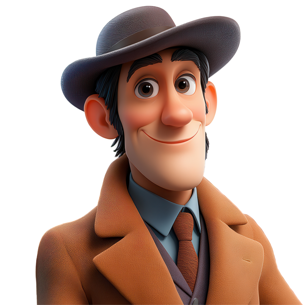 Animated character wearing a brown coat and hat, showcasing a friendly demeanor and charming smile isolated on transparent background png