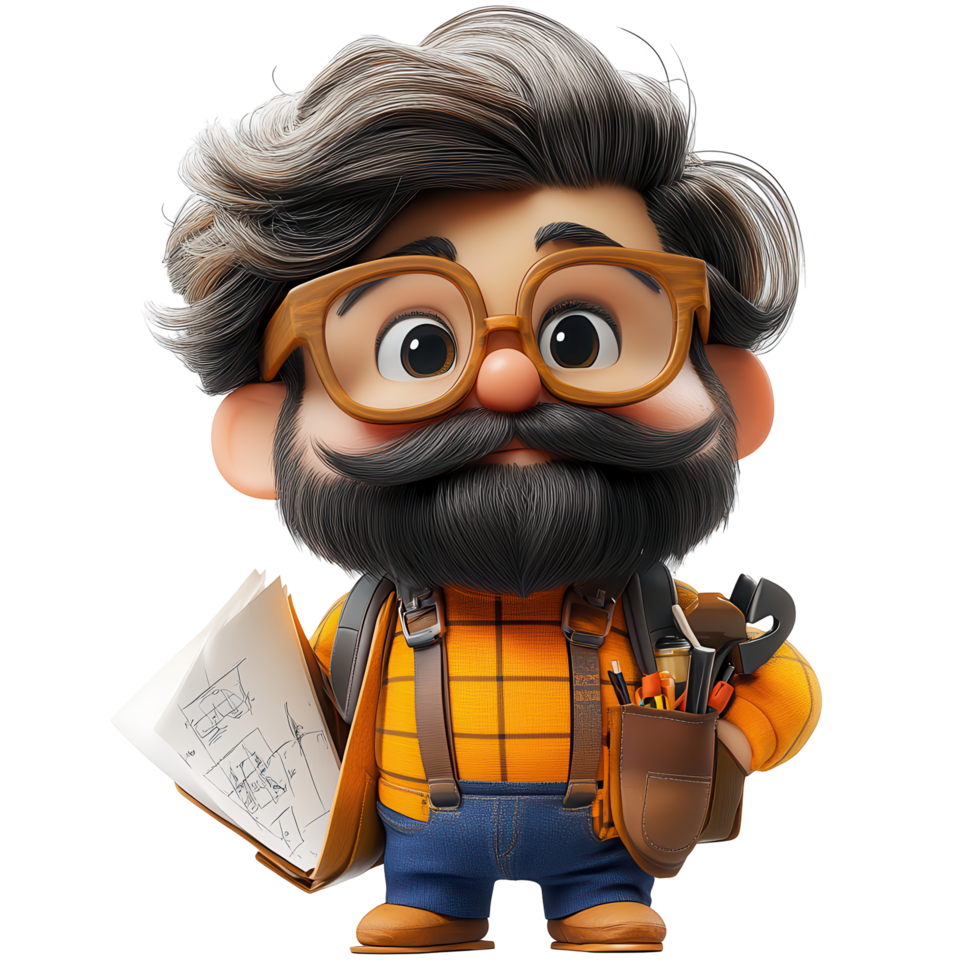 Cute animated character with glasses and a beard holding blueprints and tools in a workshop setting isolated on transparent background png