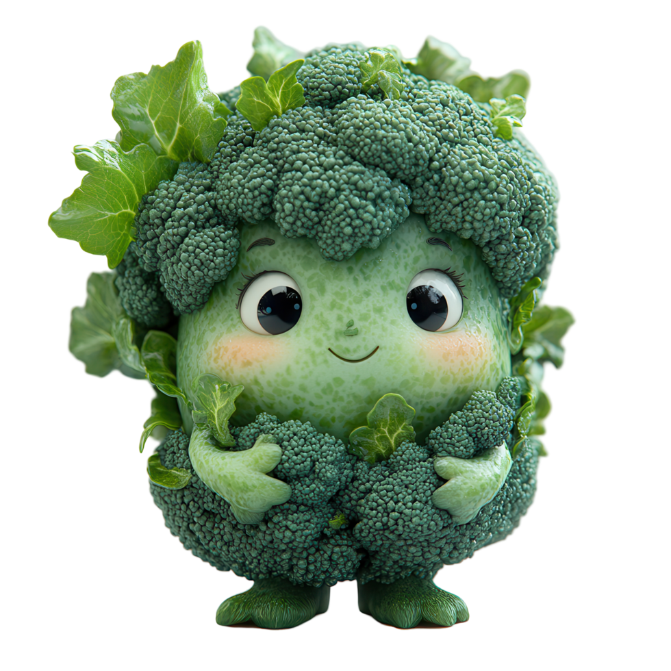 Broccoli character with a cheerful expression surrounded by green leaves in a whimsical style isolated on transparent background png