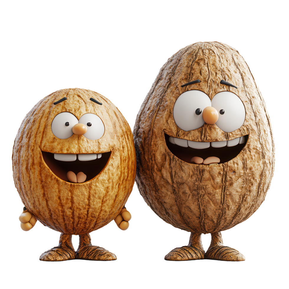 Two cheerful cartoon nuts with expressive faces stand side by side, showcasing their playful personalities in a fun and whimsical style isolated on transparent background png