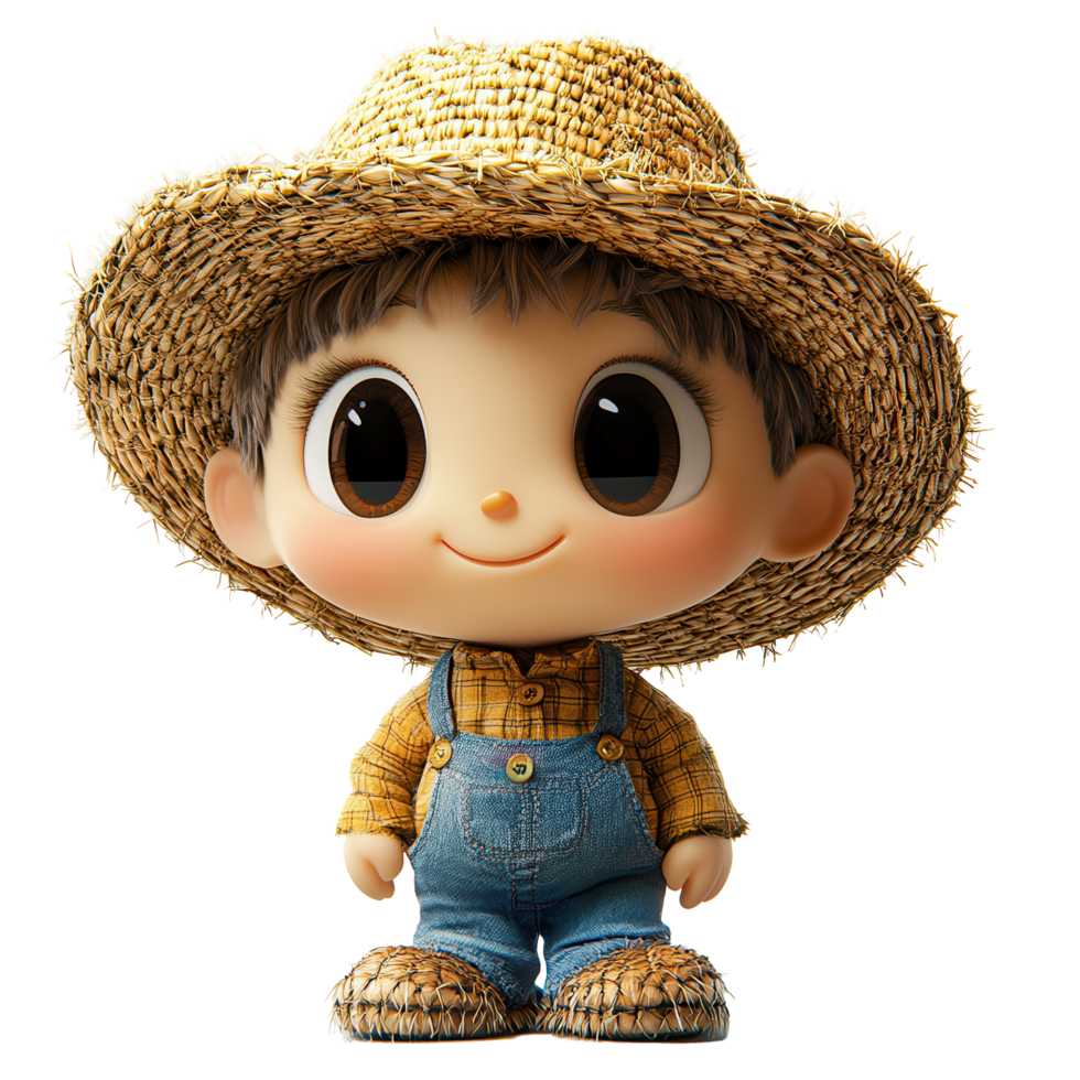 Cute character in straw hat and overalls stands cheerfully against a plain background, embodying a playful farming theme isolated on transparent background png