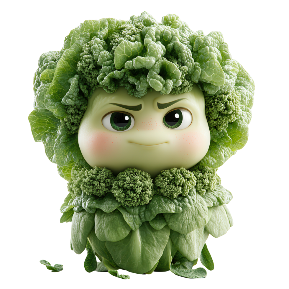Character inspired by broccoli with a playful expression in a whimsical design isolated on transparent background png