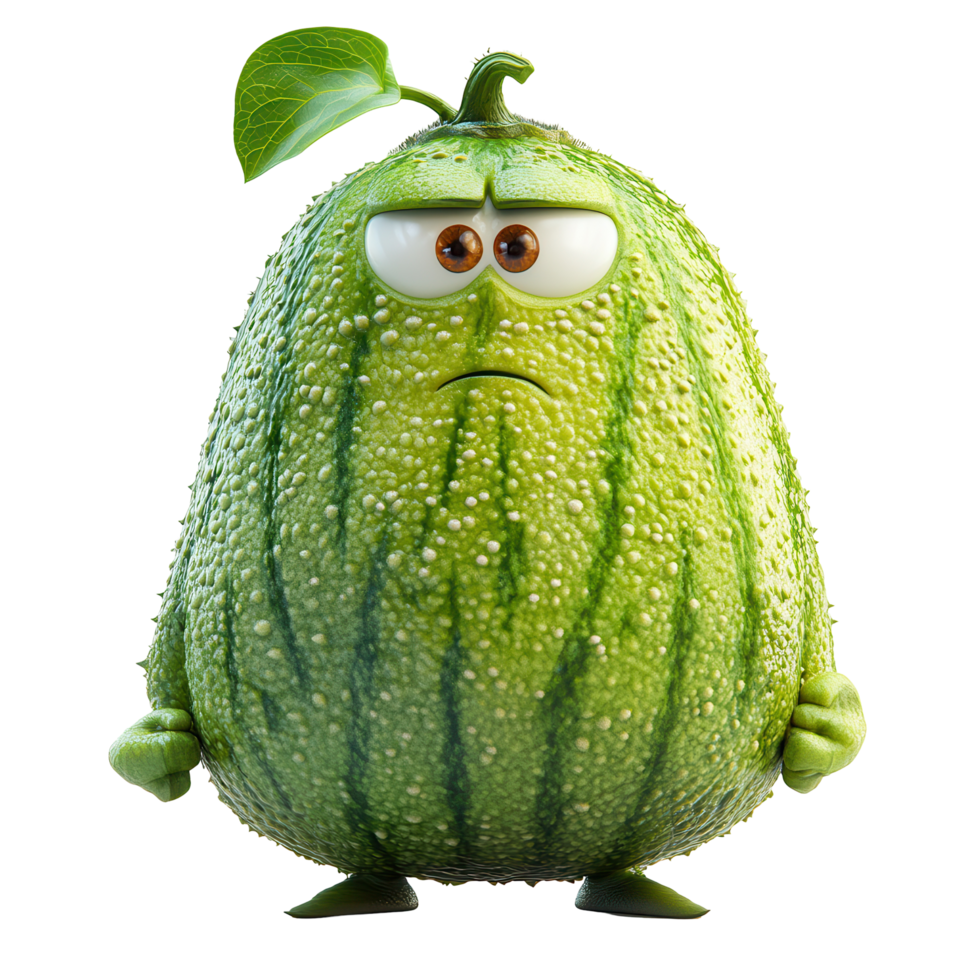 Characterful green fruit with expressive eyes and a leaf on top showcases emotions in a whimsical style isolated on transparent background png