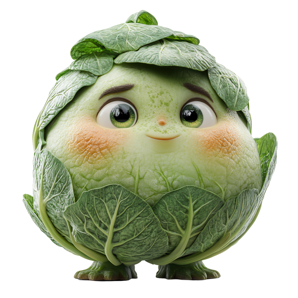 Cheerful character resembling a cabbage with leafy greens and a friendly expression in a bright, whimsical setting isolated on transparent background png