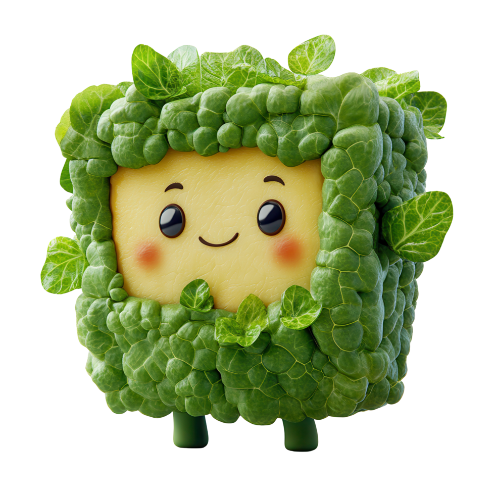 Cute character design of a smiling square cheese surrounded by fresh green lettuce leaves isolated on transparent background png