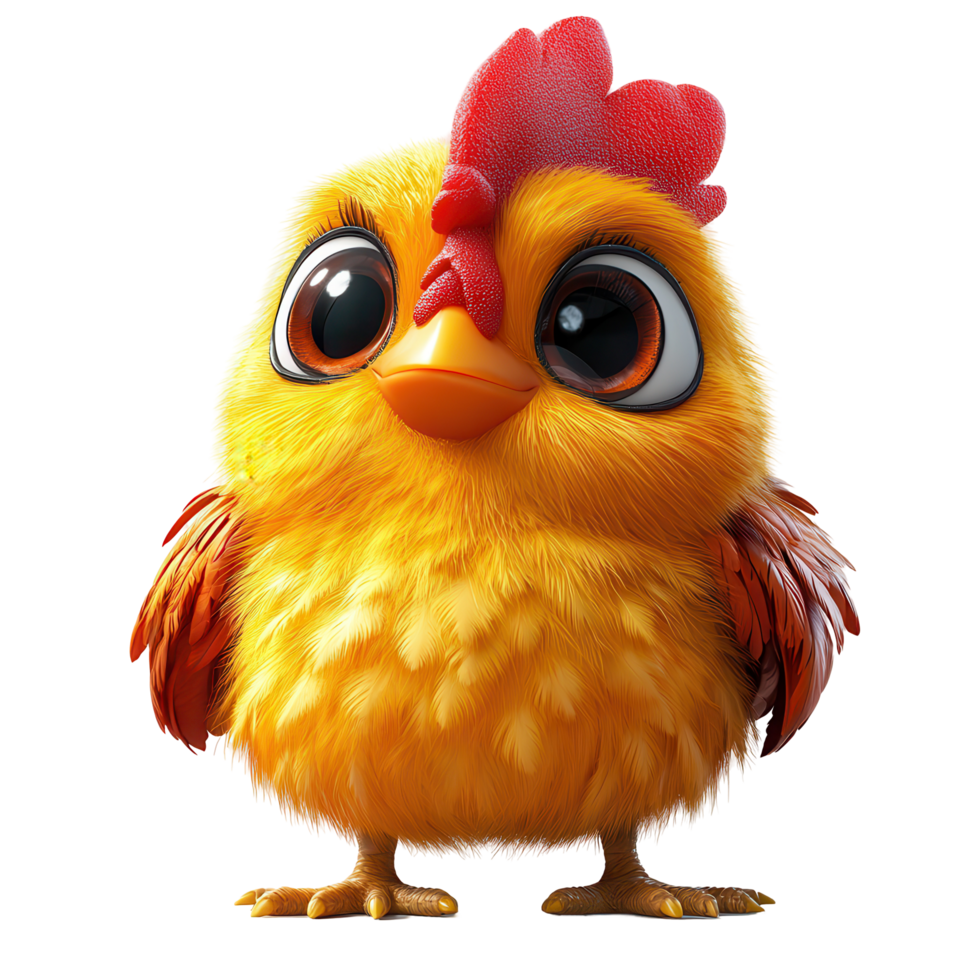 Cute cartoon chicken character with big eyes and colorful feathers standing cheerfully in a bright setting isolated on transparent background png
