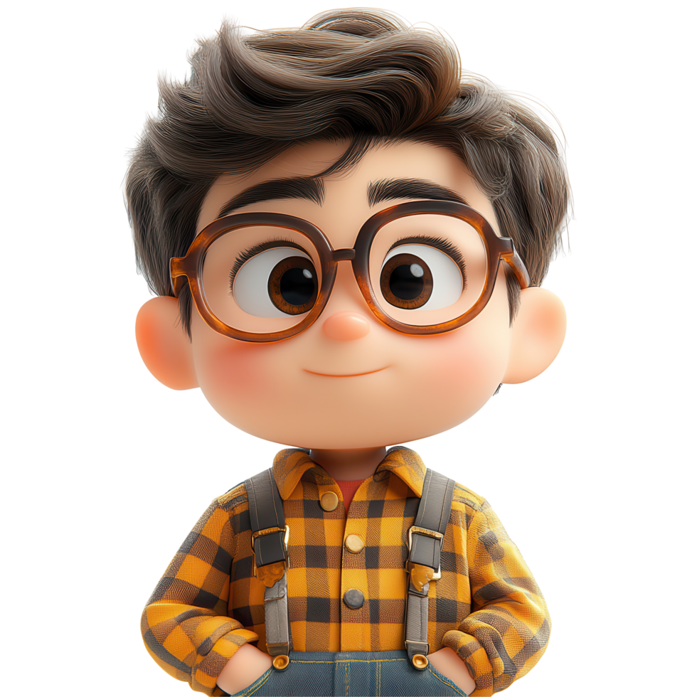 Young boy in a checkered shirt and glasses smiles warmly against a plain background isolated on transparent background png