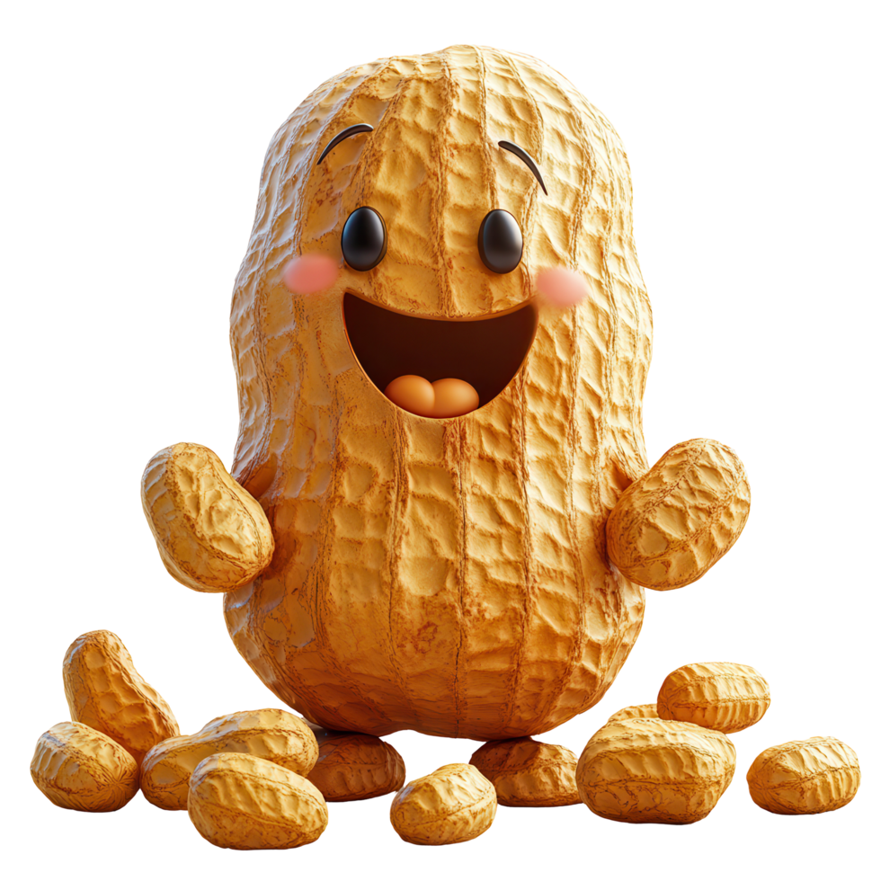 Happy cartoon peanut character smiling with scattered peanuts around it in a playful and cheerful setting for children isolated on transparent background png