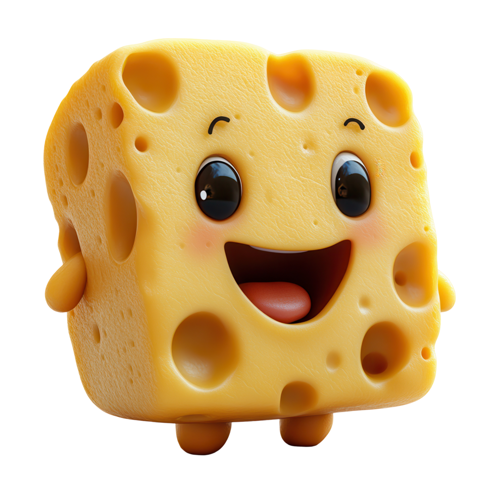 Happy cartoon cheese character with a big smile and cute features posing playfully in a vibrant and joyful style isolated on transparent background png