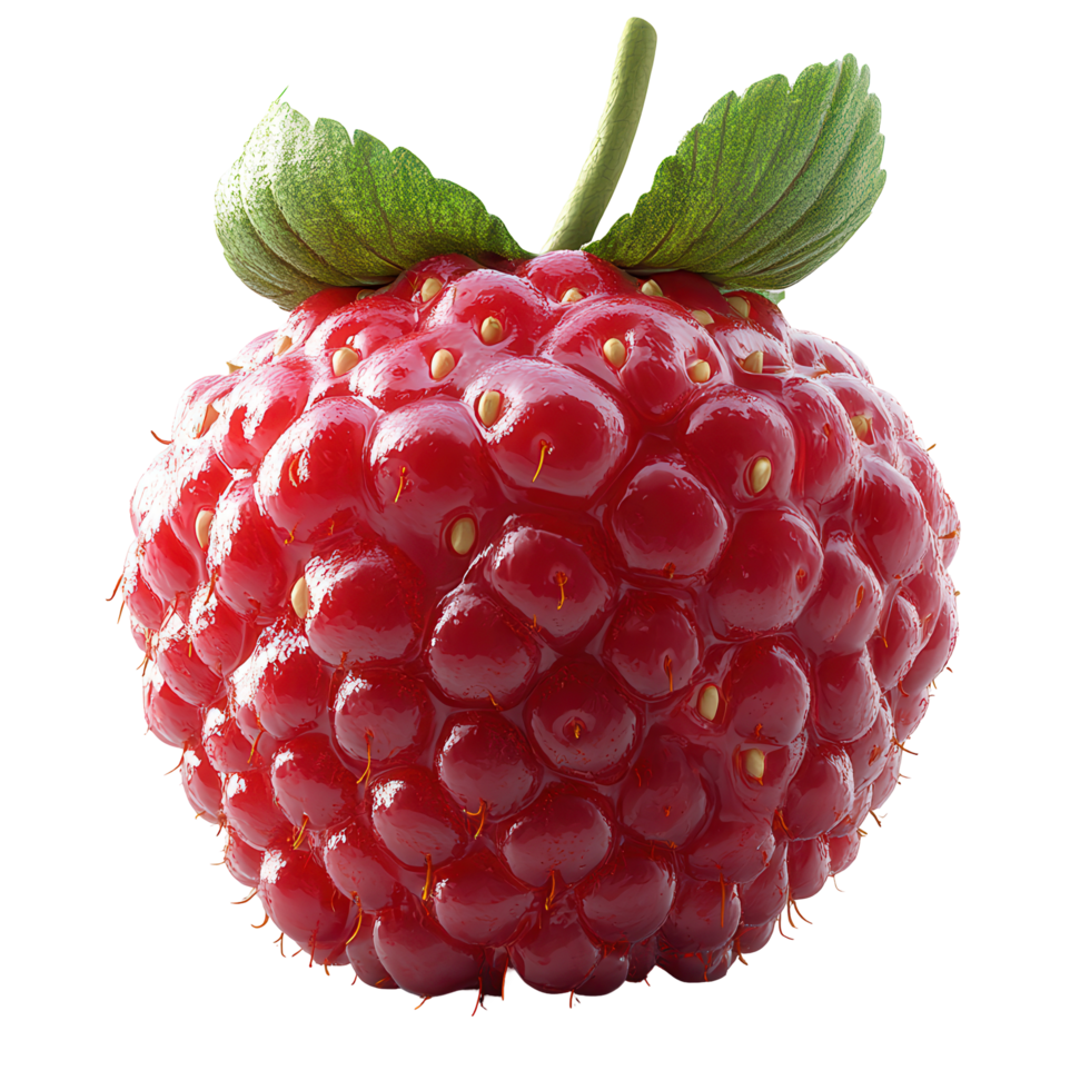 Bright red raspberry with lush green leaves sits against a plain background, showcasing its vibrant color and texture isolated on transparent background png