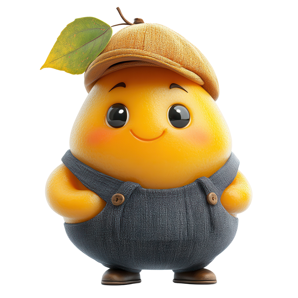 Cute animated character dressed in overalls and cap standing proudly with a leaf on its head, exuding charm and friendliness isolated on transparent background png