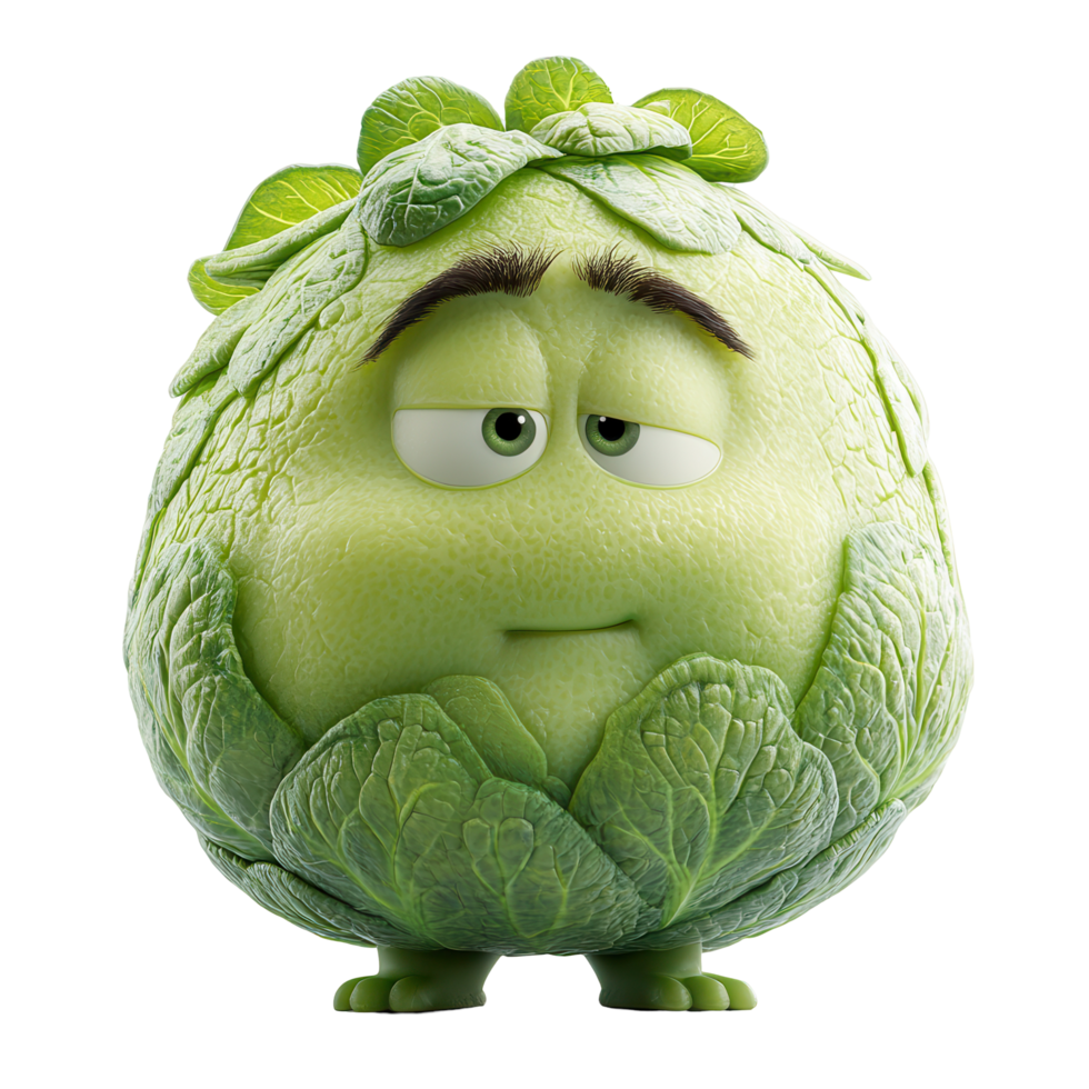 Cute animated character resembling a cabbage with a quirky expression and leafy hair on a white background isolated on transparent background png