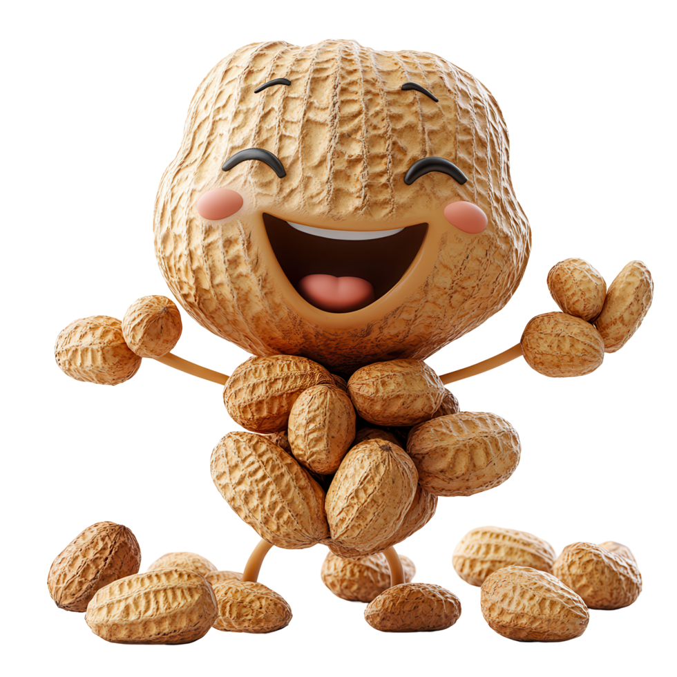 Happy peanut character with smiling face surrounded by scattered peanuts celebrating joyfulness in a playful design isolated on transparent background png