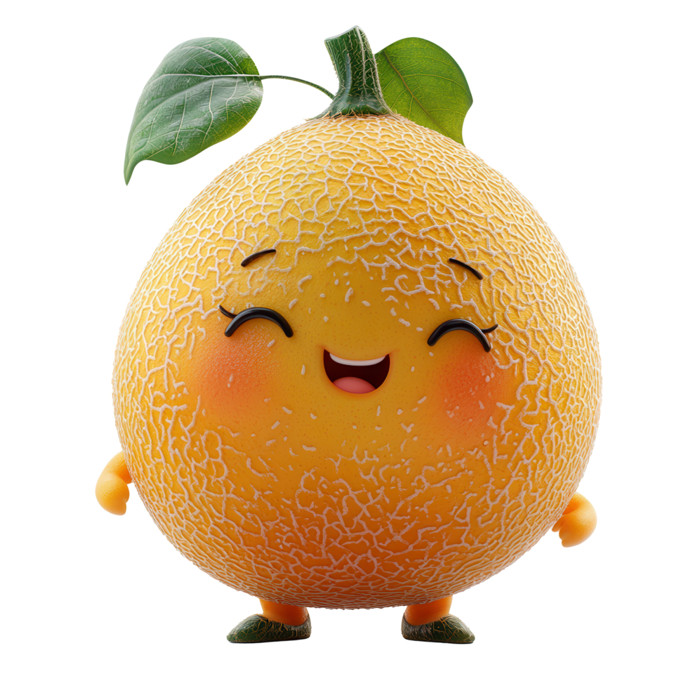 Cartoon melon character with a happy expression, showcasing bright colors and a playful design in an animated style isolated on transparent background png