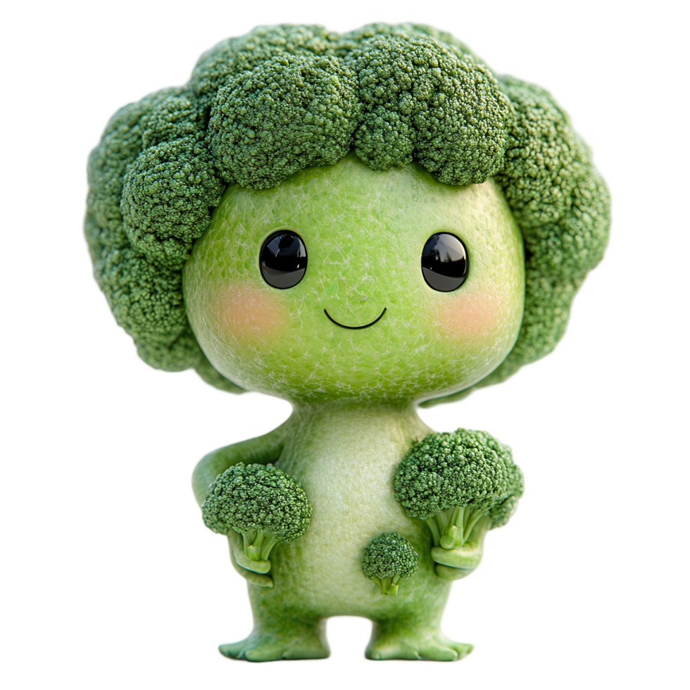 Cute broccoli character smiles while holding broccoli in its tiny hands in a playful and vibrant design isolated on transparent background png