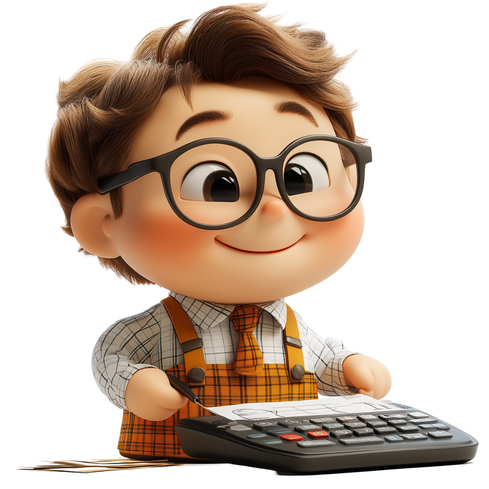 Young boy with glasses joyfully using a calculator while wearing a checked shirt and suspenders isolated on transparent background png