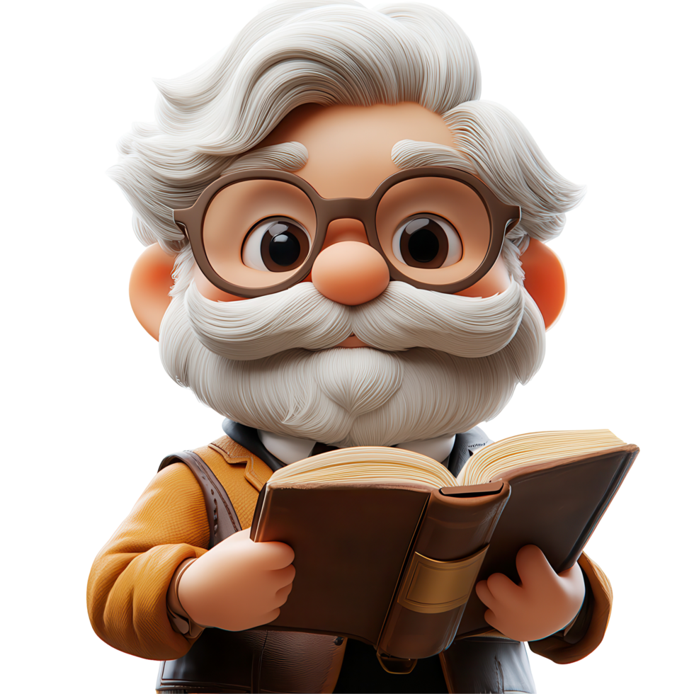 Charming elderly character with glasses reading a book in a whimsical style isolated on transparent background png