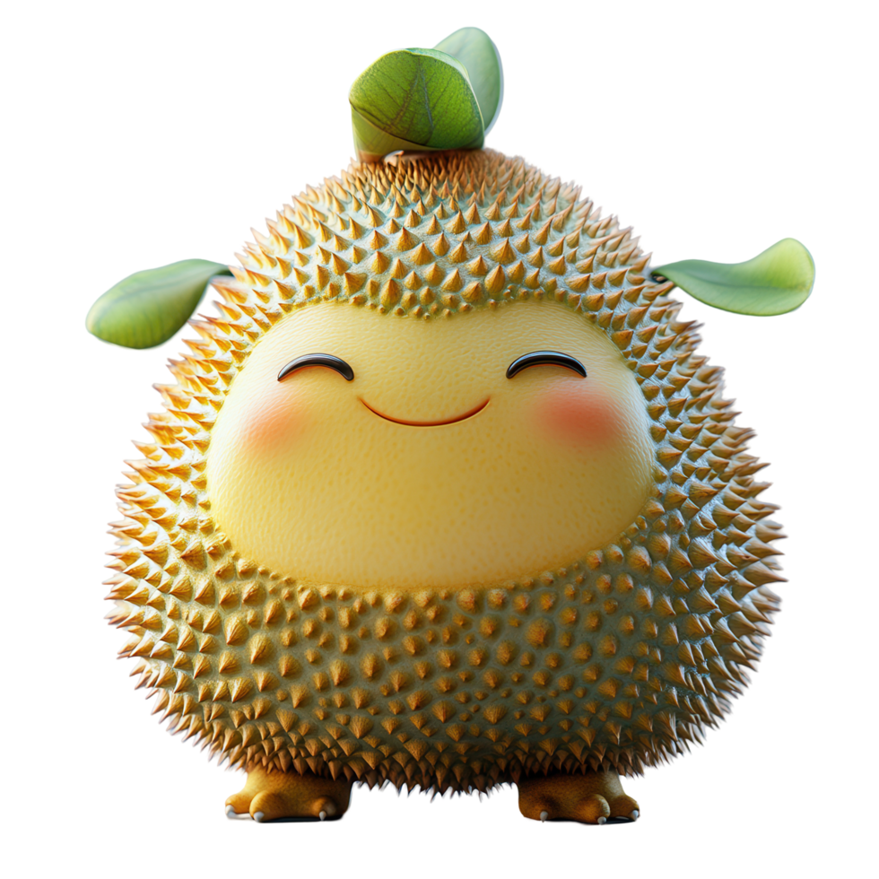 Cute cartoon character inspired by durian fruit with smile and playful expression in a whimsical design isolated on transparent background png