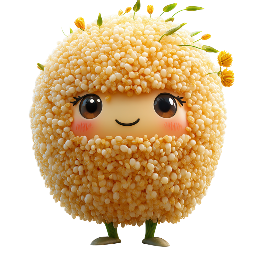 Cute character with fluffy texture and floral accents stands happily in a playful pose against a bright background isolated on transparent background png