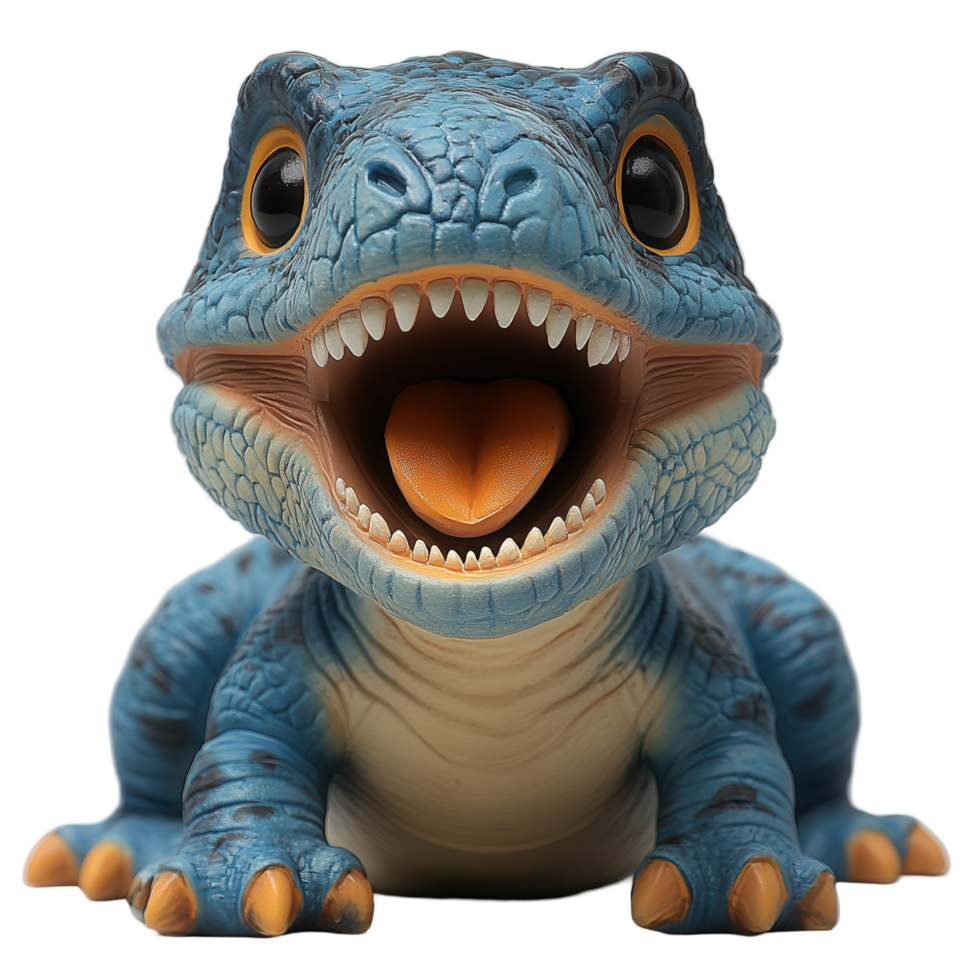 Colorful dinosaur toy with an open mouth resting on a white surface ready for imaginative play isolated on transparent background png