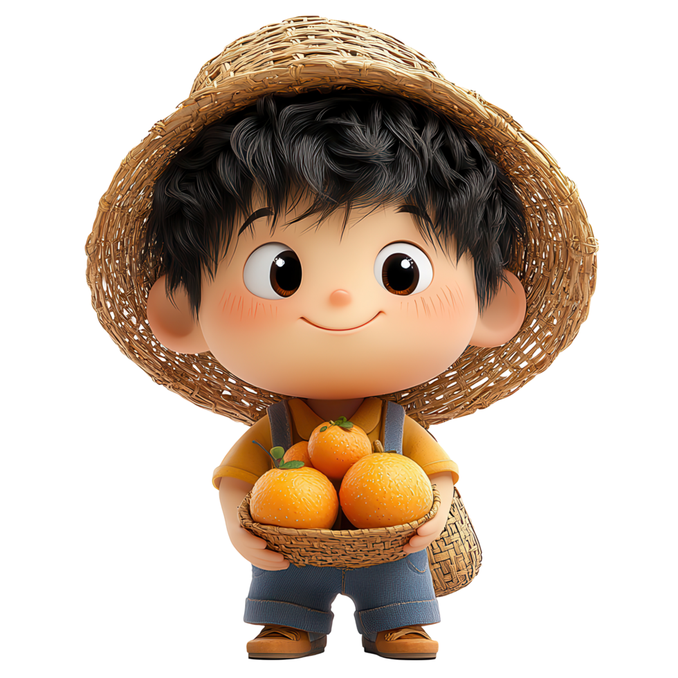 Boy with orange basket in straw hat smiles in a cheerful harvest setting at a sunny farm isolated on transparent background png