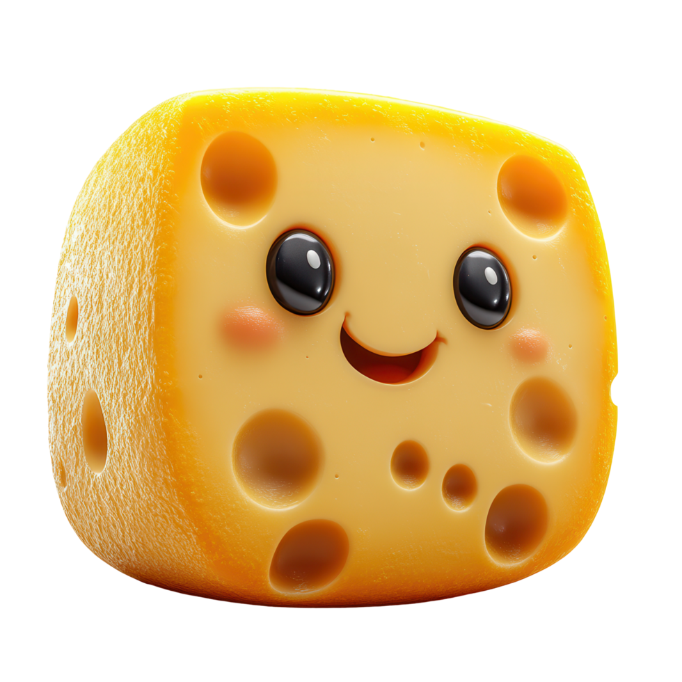 Cute animated cheese character with large eyes and a happy expression, designed for childrens media and educational content isolated on transparent background png