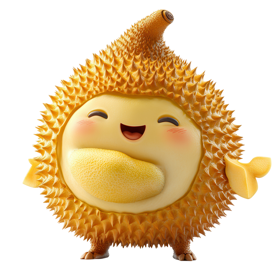 Cute cartoon character inspired by a quirky tropical fruit with a cheerful expression and a bright, spiky exterior in a playful pose isolated on transparent background png