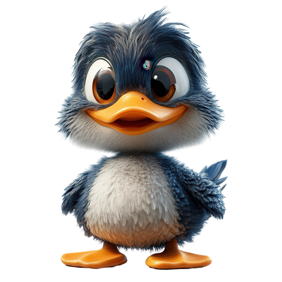 Cute cartoon baby bird stands happily with a cheerful expression and fluffy feathers in a bright setting isolated on transparent background png