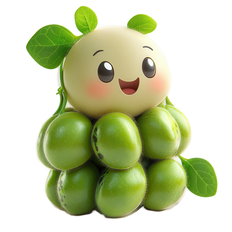 Cute cartoon character resembling a plant with a happy face and green features in a whimsical design isolated on transparent background png