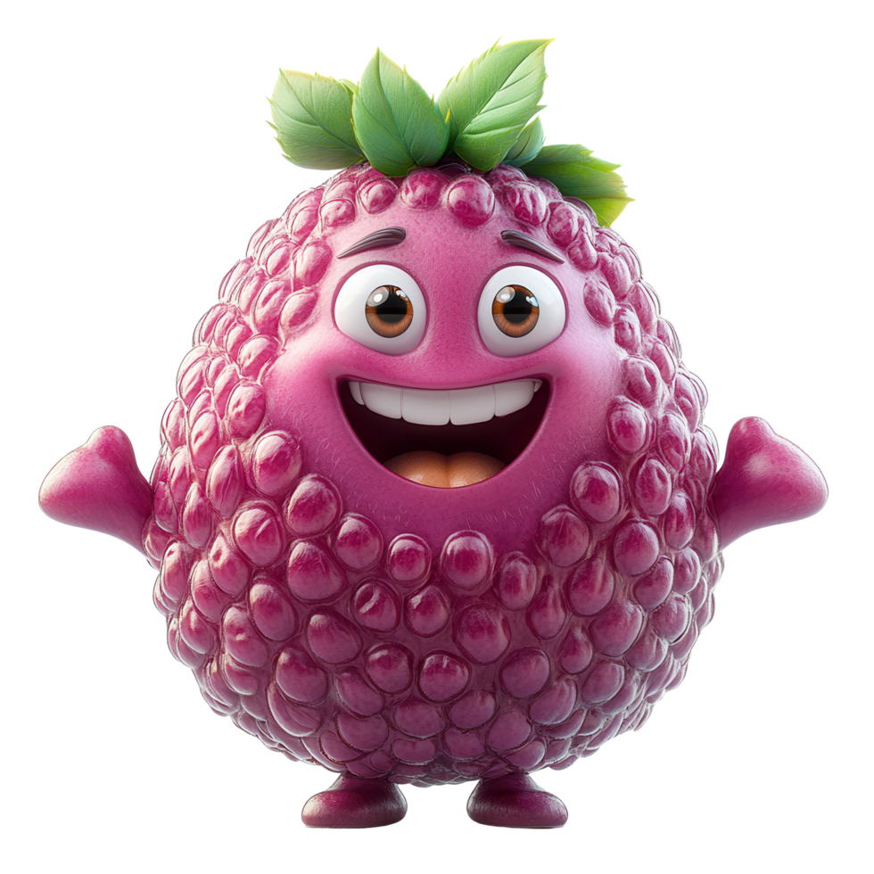 Happy cartoon character representing a raspberry with a big smile and cheerful expression, set against a plain background isolated on transparent background png