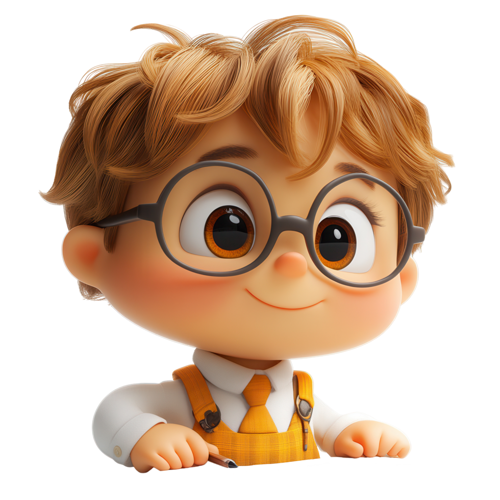 Smiling young boy with glasses and curly hair in a friendly, animated style, showcasing bright colors and cheerful expression isolated on transparent background png