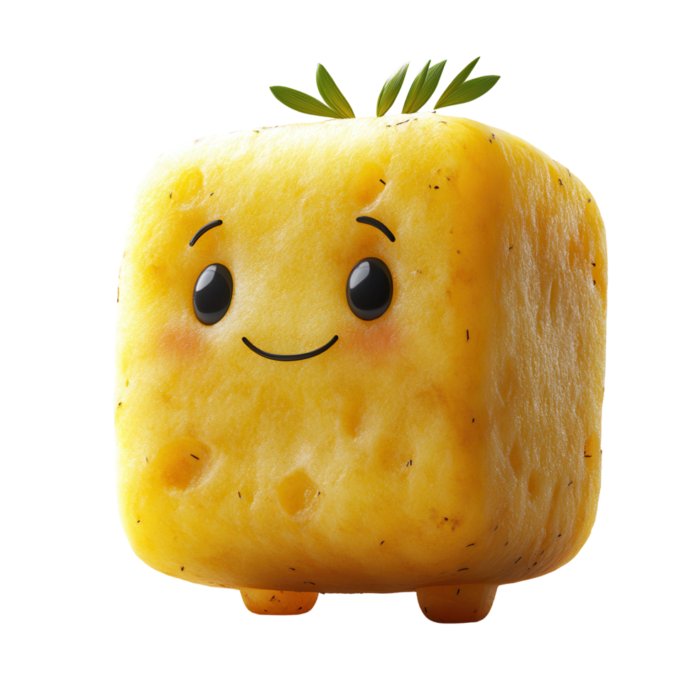 Cute cartoon character resembling a smiling pineapple cube with cheerful expression and green leaf on top isolated on transparent background png