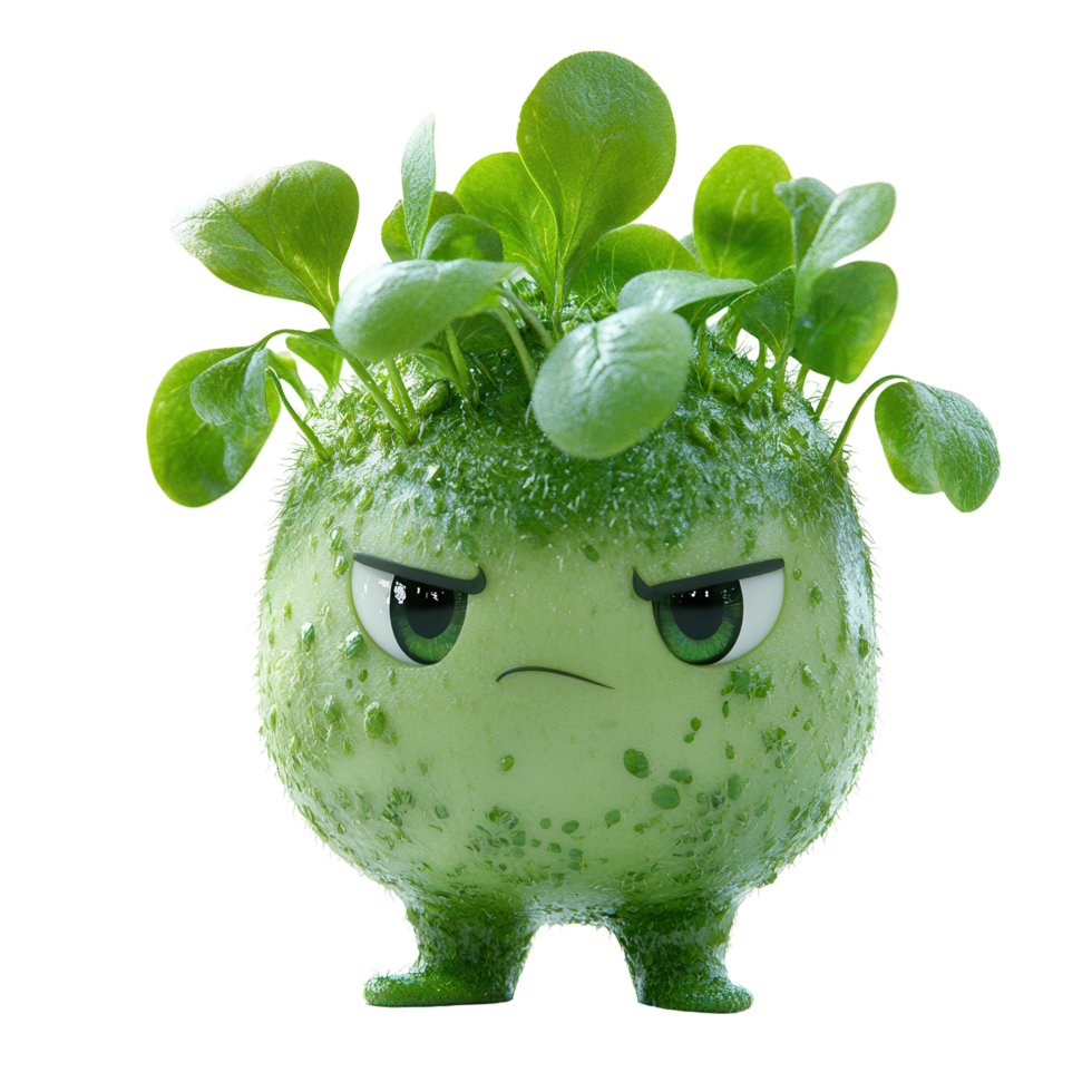 Creative green character with lettuce-like hair showcases playful design and quirky expression in a whimsical concept isolated on transparent background png